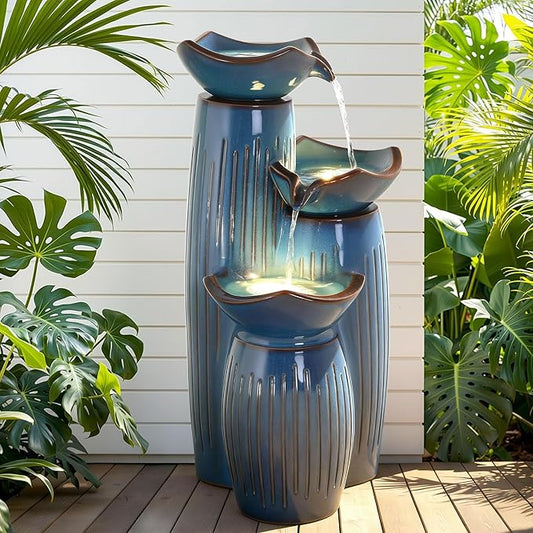 30" H Ceramic Outdoor Water Fountain with LED Lights, 3-Tier Cascading Lotus Bowls Water Feature, Soothing Cascading Waterfall for Garden, Patio, Yard, Turquoise Vertical Striped Texture