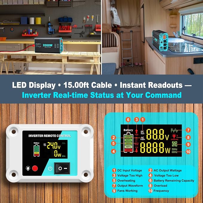 2000 Watt Pure Sine Wave Inverter, 24V DC to 120V AC Inverters for RV, Truck, Solar, Home, Power Inverter with 3 AC Outlet, 30W USB-C, 5V 3.1A USB, Hardwire Port, Remote Control, Surge 4000W - Image 8