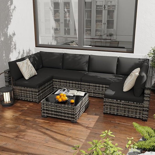 KIGOTY Patio Furniture Set,7 Pieces Modular Outdoor Sectional Sofa, PE Rattan Patio Conversation Set, All Weather Wicker Patio Furniture with Cushions and Coffee Table（Beige Black/Black）