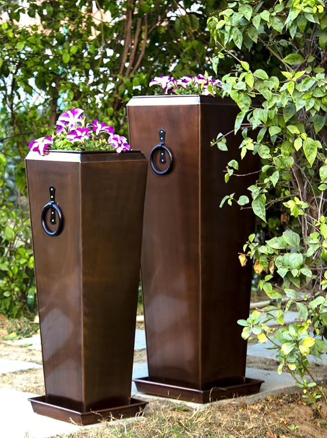 H Potter Patio Deck Indoor Outdoor Garden Flower Planter Set of 2 Antique Copper with Tray