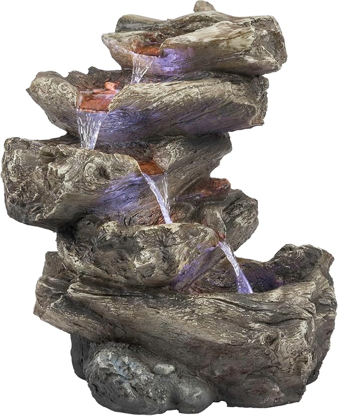Alpine Corporation WIN1087 Indoor/Outdoor Floor Waterfall Fountain with LED Lights, 5-Tiered Rainforest Fountain 22", Brown