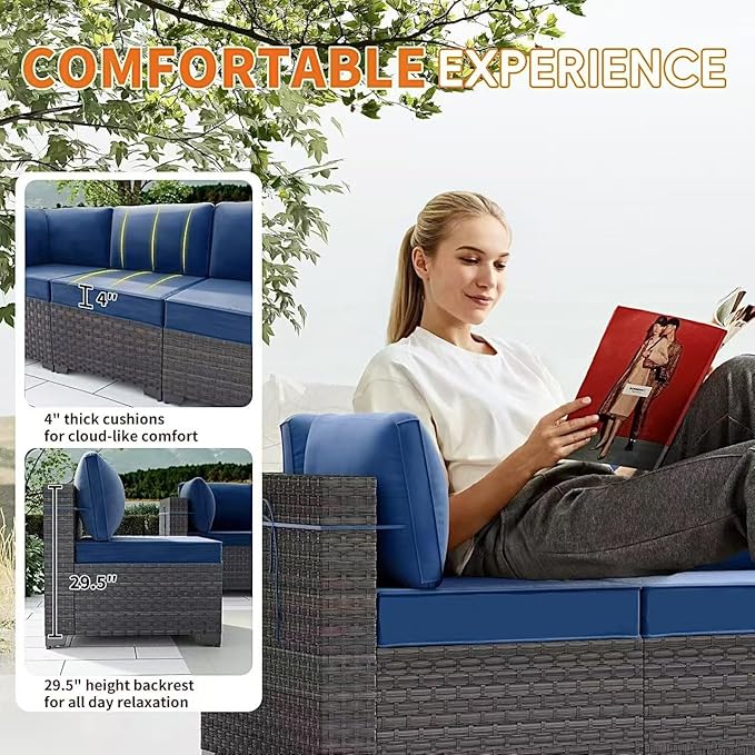 Gotland 12 Pieces Patio Furniture Set with Swivel Chair, PE Rattan Outdoor Furniture with 29.5'' High Backrest 4’’ Thick Cushions Coffee Table, Patio Set for Porch, Deck, Backyard, Navy