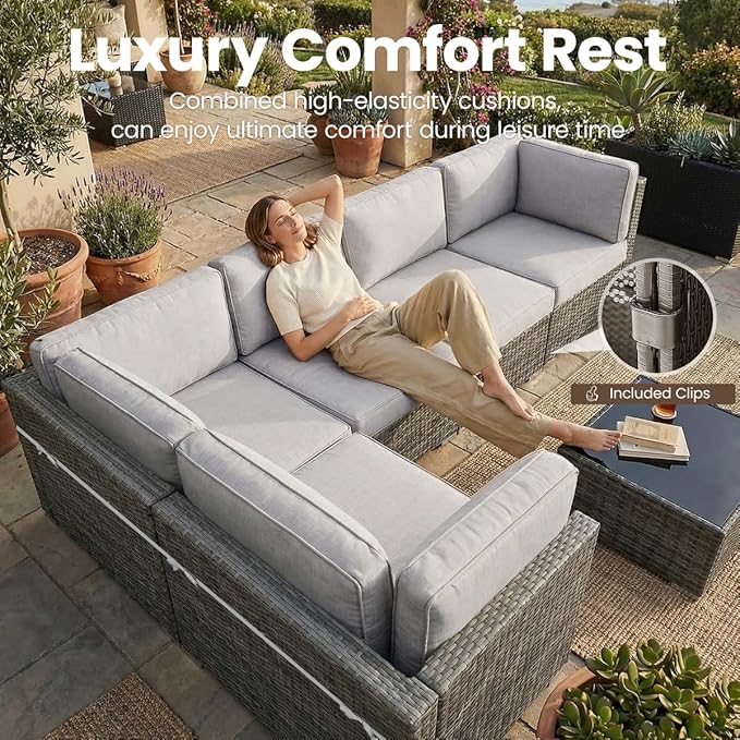 15 Pieces Patio Furniture Set with 44" Propane Gas Fire Pit Table, Outdoor Sectional Wicker Conversation Sofa Sets with Coffee Table