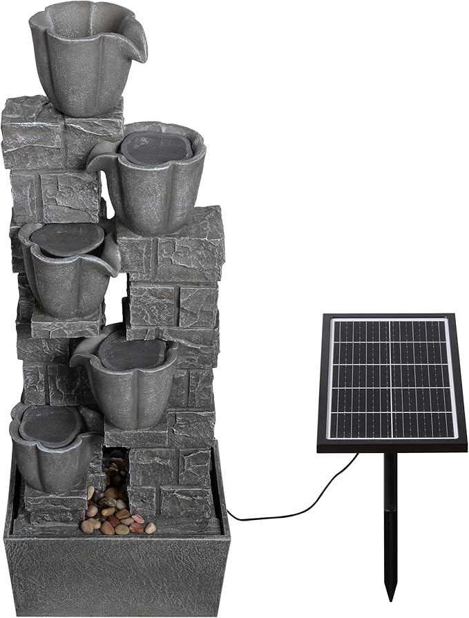 Cheng Pin Solar Powered Outdoor Water Fountain -38.2 in. Tall 4 Tiers Waterfall Fountain with Tulip Design and LED Lights,Create Outside Natural Water Feature for Garden,Patios,Lawns,Grey