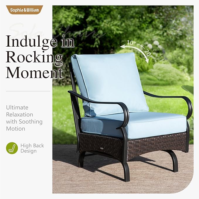 Sophia & William Extra Large Outdoor Patio Motion Sofa Chairs Set 2 PCS Heavy-Duty Metal Porch Furniture with High Back & Deep Seating Area, 5.5" Thicken Cushions for Deck, Lawn, Outside (Blue)