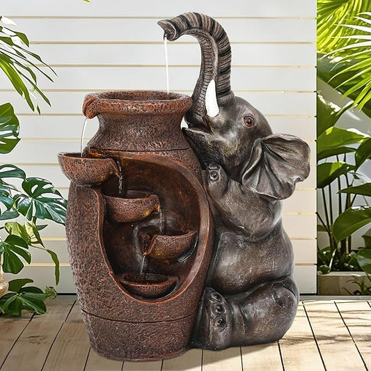 19" H Elephant Jar Outdoor Water Fountain, Rustic Farmhouse Water Feature with Tranquil Cascading Waterfall, Relaxing Garden Patio Yard Deck Kitchen Floor Tabletop Decor