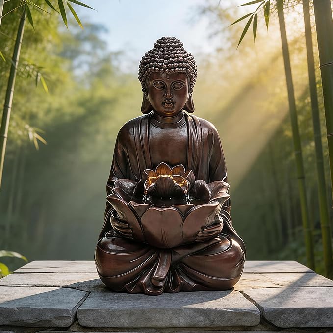 Zen Buddha Water Fountain Outdoor, 19" H Handcrafted Buddha Statue Water Feature with Soothing Waterfalls & Lights, Peaceful Oasis for Garden Patio Yard Deck Living Room Floor Tabletop Decor
