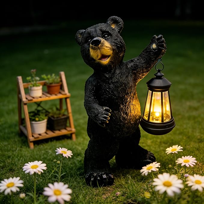 Solar Lantern Garden Statues Decor, 14" Large Outdoor Bear Figurine Lights for Yard Patio Decoration - Unique Christmas Housewarming Gift for Grandma Wowen Mom