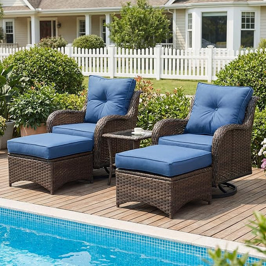 Patio Furniture Set, 5PCS Outdoor Wicker Conversation Set with 6" Thick Cushions, High Back Swivel Rocker Chairs, Weather Resistant Olefin Fabric for Garden, Poolside, Navy Blue