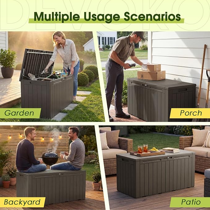 Devoko 100 Gallon Outdoor Storage Box, Waterproof Resin Deck Box for Patio Furniture, Lockable Container for Garden Cushions & Pool Supplies (Brown, 100 Gallon) - Image 4
