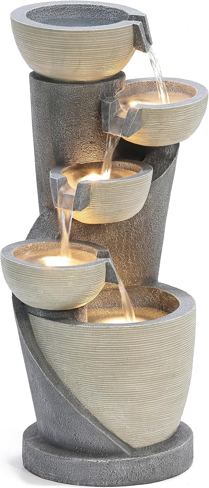 LuxenHome 22" Small Water Fountain Outdoor, Modern Resin Cascading Waterfall Fountains, Garden Fountain with Lights Garden Decor, Outdoor Water Fountains for Patio, Yard