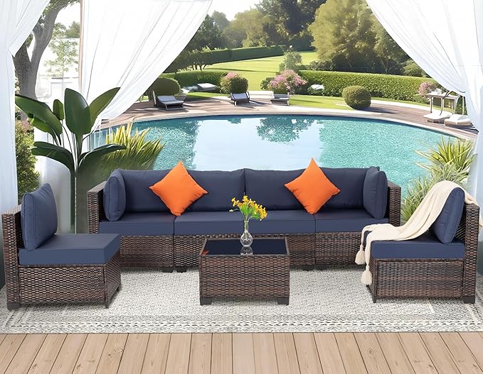 FHFO 7 Piece Outdoor Wicker Patio Furniture Set, Rattan Sectional Sofa Couch, Patio Conversation Set with Cushion & Coffee Table, for Backyard Poolside Porch Garden, Brown-Blue