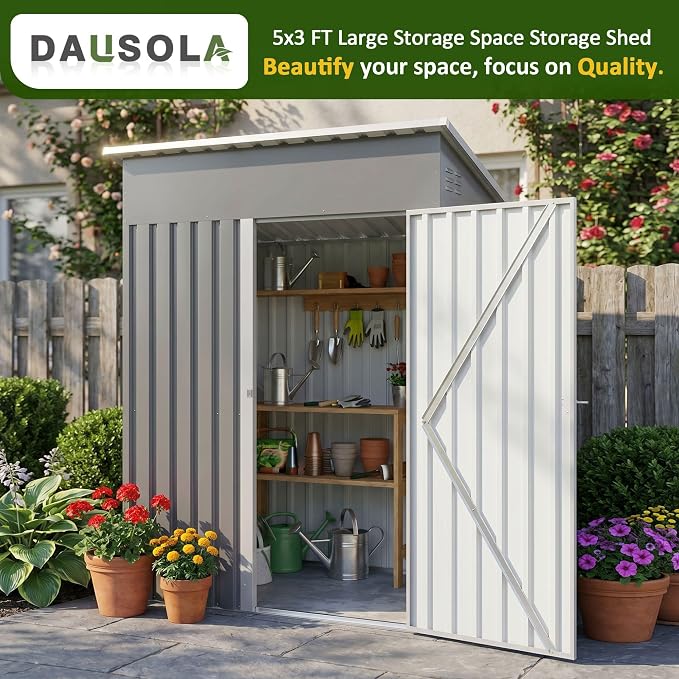 DAUSOLA 5x3 FT Outdoor Storage Shed, Metal Garden Tool Shed with Updated Frame Structure and Lockable Doors, Ideal for Backyard Garden Patio Lawn, Grey - Image 2