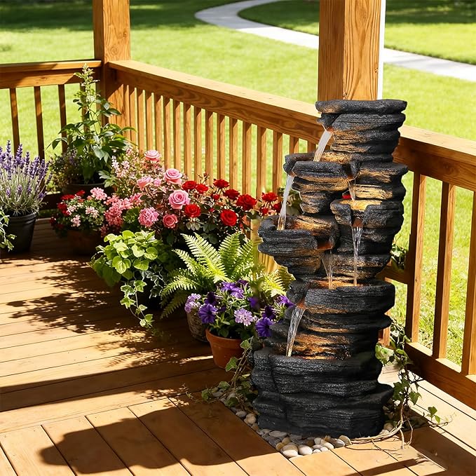 42.5" H Garden Outdoor Water Fountain with LED Lights & Pump, Mutiply-Tier Cascading Outdoor Fountain for Garden,Patio,Porch,Backyard,Home Art Decor
