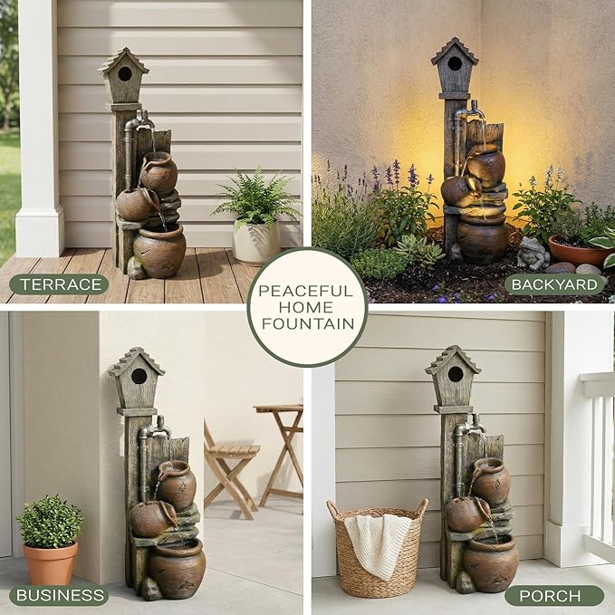 Water Fountain Birdhouse Outdoor Fountain, 37" Tall Garden Fountain Tiered Waterfall Fountain with Cascading Pots, Farmhouse Water Feature for Patio Backyard Yard Lawn Garden Decor