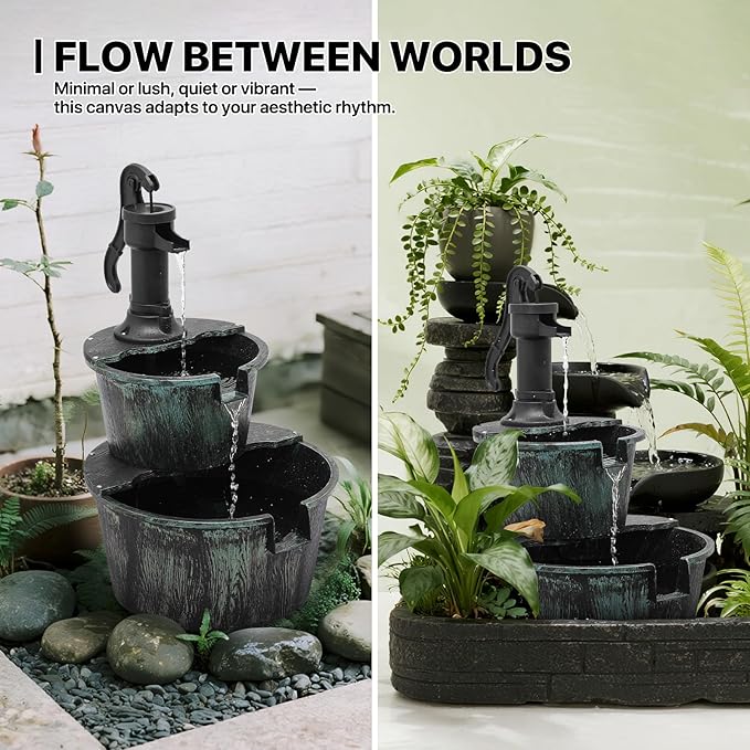 MoNiBloom Outdoor Water Fountains, 27" Tall 2-Tier Barrel and Pump Waterfall Fountain and Pump for Outdoor Patio Garden Backyard Deck, 11L Water Capacity, Green