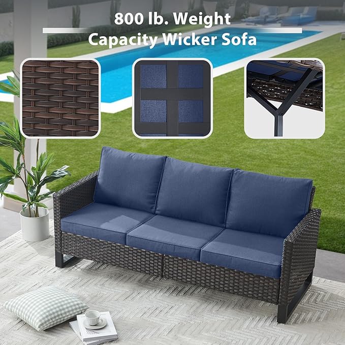 5 Piece Wicker Patio Furniture Set - Outdoor Swivel Rocker Chairs Set with 3 Seat Sofa and Ottomans, Small Patio Conversation Sets Proch Furniture for Balcony Deck - Brown/Blue
