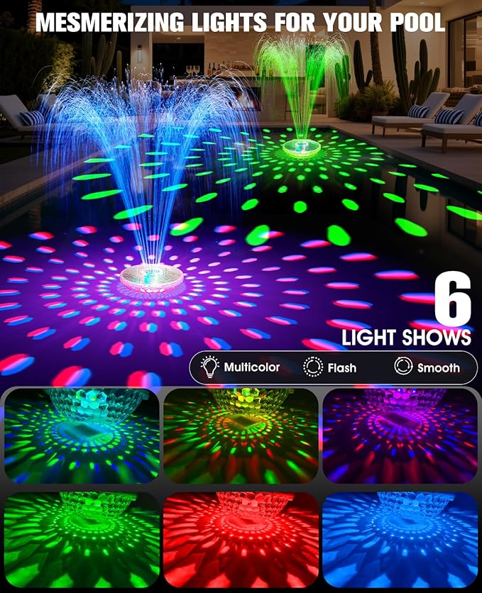 Solar Pool Fountain with Light Show, 2026 Upgraded Large Solar Pool Water Fountain, Floating Pool Fountain for Above Ground Pool,Solar Floating Fountain Pump for Nighttime Use Blue-1PK