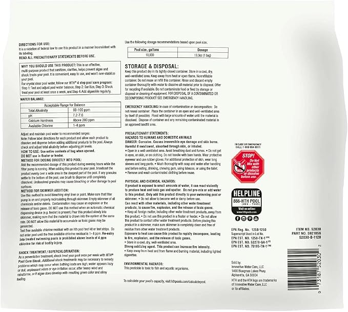 HTH 52030B Swimming Pool Care Shock, Swimming Pool Chlorinator Boosts Chlorine Levels, Cal Hypo Formula, 13.3oz (Pack of 6) - Image 2