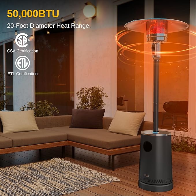 EAST OAK 50,000 BTU Patio Heater with Sand Box, Table Design, Double-Layer Stainless Steel Burner, Wheels, Triple Protection System, Outdoor Heater for Home and Residential, 2024 Upgrade, Black