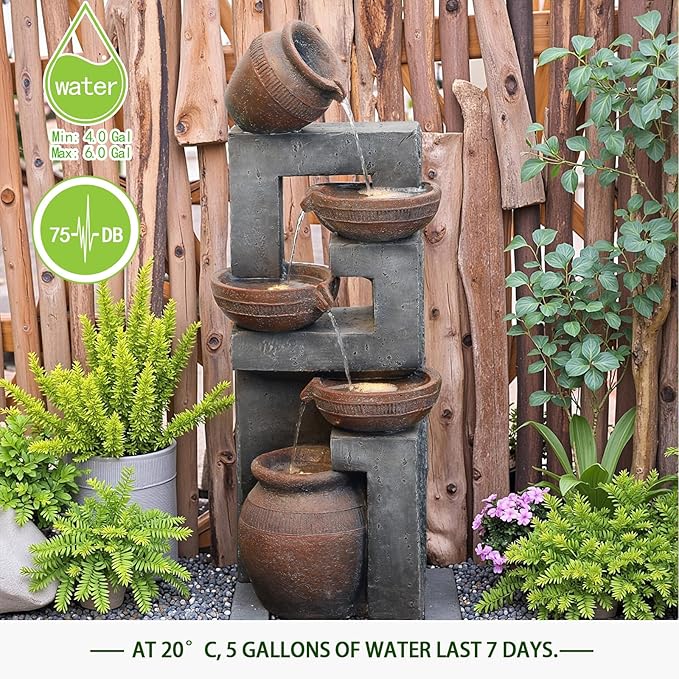 33.8" H Water Fountain Outdoor with LED Lights & Pump, 5-Tier Cascading Outdoor Fountain for Garden,Patio,Porch,Backyard,Home Art Decor (Brown)