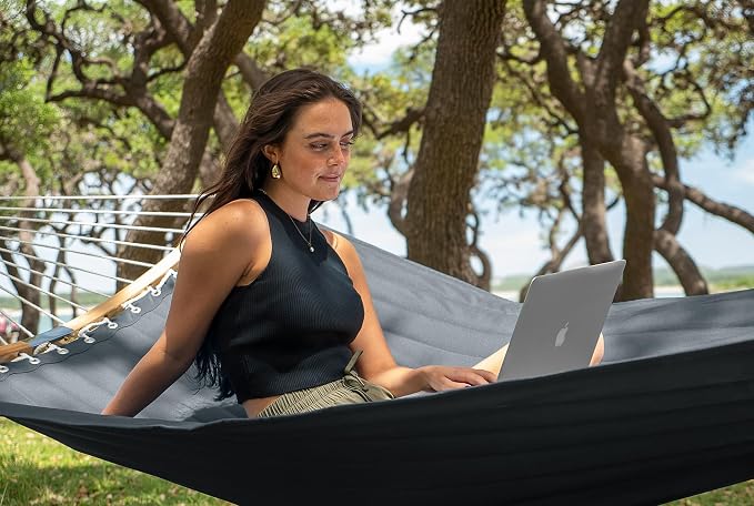SUPERJARE Hammock with Stand, 2 Person Heavy Duty Hammock with Padded Cotton, Detachable Pillow & Strong Curved-Bar & Portable Carrying Bag, Perfect for Outdoor & Indoor, Neutral Gray - Image 2