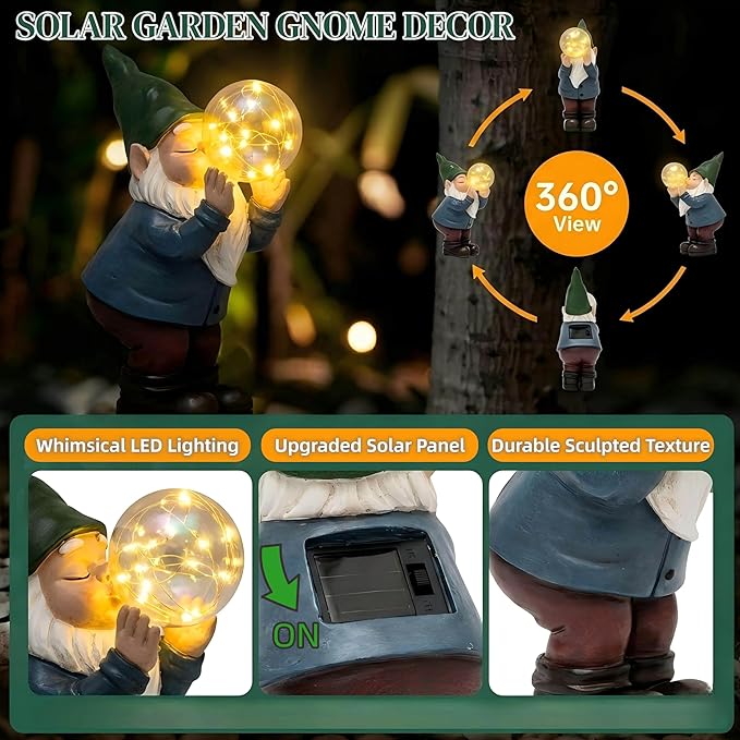 Solar Garden Gnome Statue with Light-Up Bubble, Whimsical Outdoor Decor Figurine with LED Fairy Lights for Patio, Lawn, Yard Art - Unique Waterproof Resin Gardening Gift