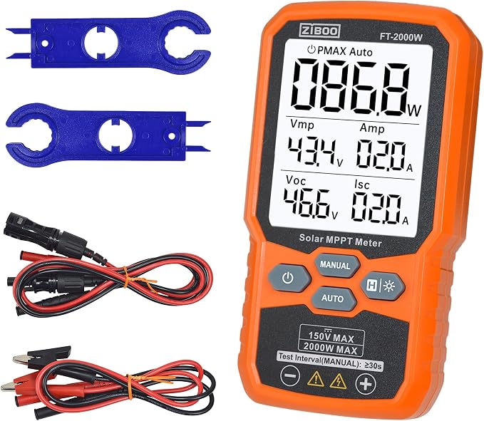 ZIBOO FT-2000W Solar Panel Tester MPPT Meter - 2000W Max Power, 150V/35A PV Module Tester for Voc/Isc, Open Circuit Voltage & Short Circuit Current, with Backlight & Data Hold by ZIBOO