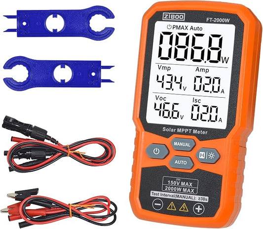 ZIBOO FT-2000W Solar Panel Tester MPPT Meter - 2000W Max Power, 150V/35A PV Module Tester for Voc/Isc, Open Circuit Voltage & Short Circuit Current, with Backlight & Data Hold by ZIBOO