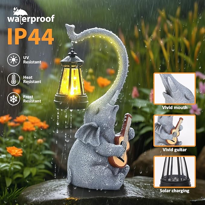 Solar Garden Decor Elephant Statue Lights, Outdoor Shatter-Resistant Resin Garden Statue Decoration for Yard Lawn Home, Unique Birthday and Housewarming Elephant Gifts for Women Mom