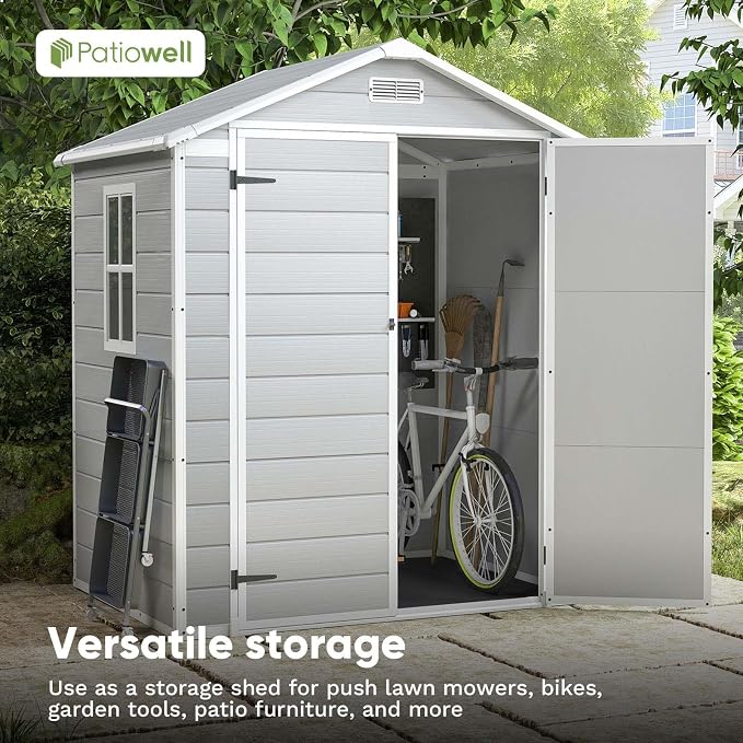 Patiowell 6x4 FT Resin Outdoor Storage Shed with Floor, Plastic Storage Shed with Lockable Door, Outside Shed Perfect to Store Patio Furniture, GardenTools Bike Accessories, Lawn Mower, Light Gray - Image 7