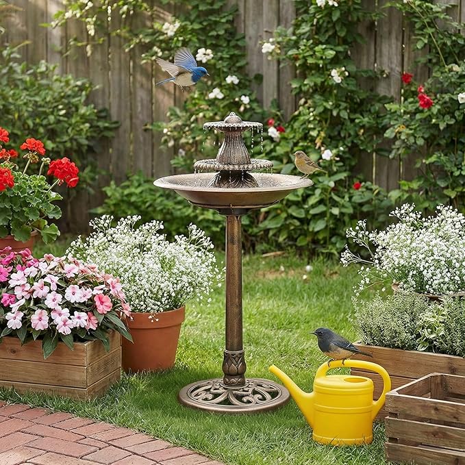 Magshion 37" Tall 3-Tier Outdoor Water Fountain, Pedestal Bird Bath for Outside, Cascading Water Feature and Birdbath for Garden, Patio, Deck, and Backyard, 1.3-Gallon (5L) Capacity, Bronze