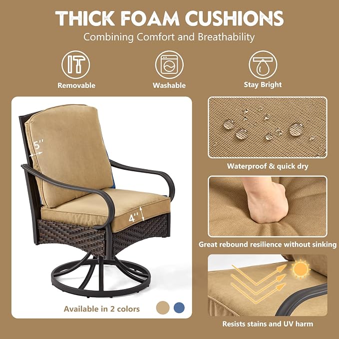 EROMMY Patio Swivel Chairs Set of 4, Outdoor Swivel Chairs with Cushion, Patio Dining Chairs for Garden, Patio, Backyard and Balcony, Khaki - Image 4