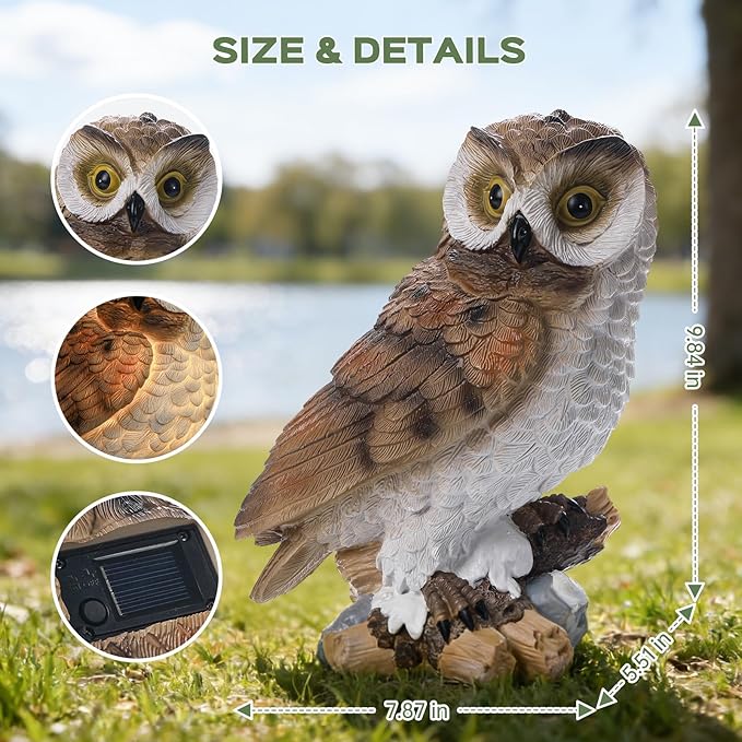Garden Owl Outdoor Statue,Solar Owls Figurine Sculpture with LED Lights for Porch Patio Lawn Yard Deck Spring Decor - Ideal Easter Day Housewarming for Women Men Owl Lover