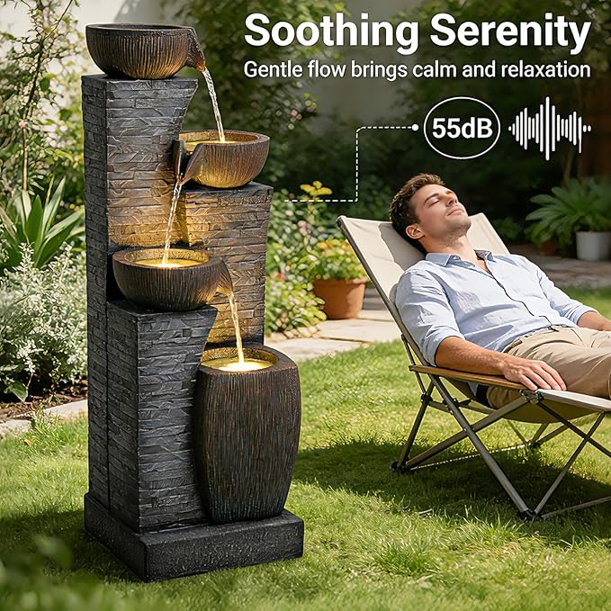 38.2" Tall Outdoor Water Fountain,Stone Texture Modern 4 Tiers Cascading Bowls Garden Fountains Outdoor,Suit for Patio, Deck, Porch, Lawns, Backyard and Home Art Decor