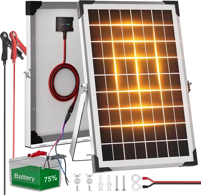 Voltset Solar Battery Trickle Charger: 10 Watt 12V Solar Panel Maintainer for Car Boat - Waterproof Monocrystalline Solar Charger with Controller for RV Marine Trailer Truck Motorcycle by Voltset
