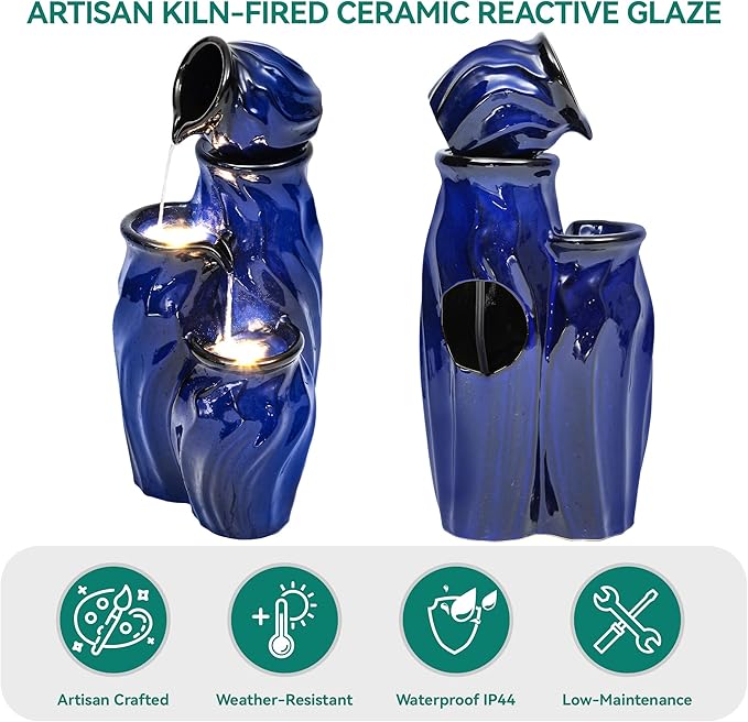 29" Ceramic Water Fountain Outdoor, 4-Tier Dynamic Wavy Outdoor Fountain with Artistic Cobalt Blue Glaze, Decorative Water Feature, Cascading Waterfalls for Serene Garden Patio Yard Porch Decor