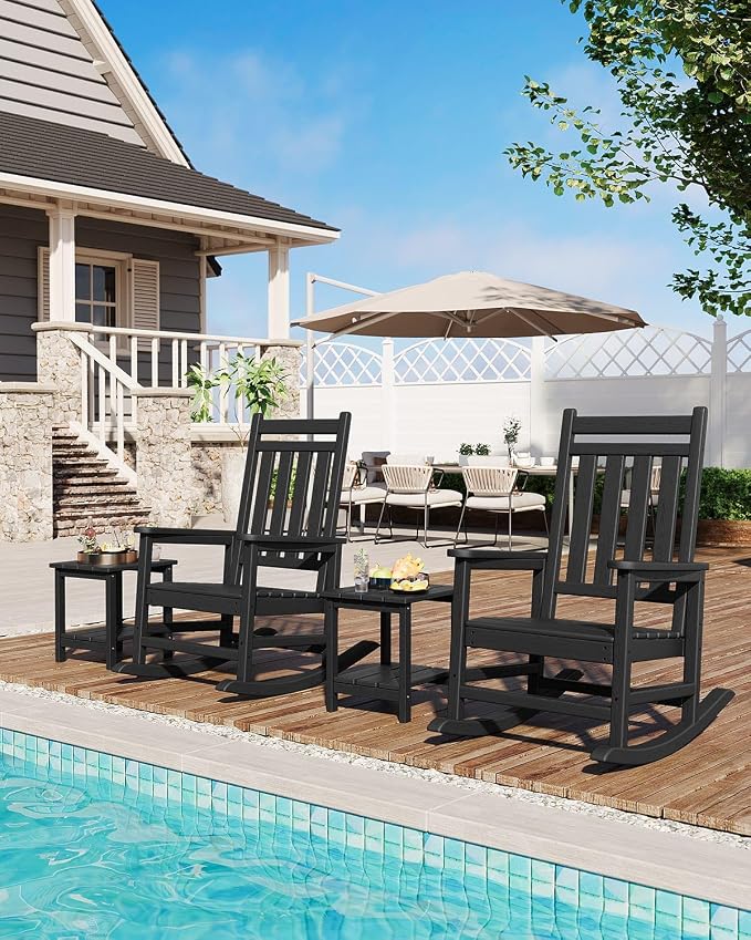 Garvee HDPE Rocking Chair Outdoor Set of 2 with Side Table - Poly High Back Porch Rocker Chairs for Adults - All Weather Resistant Furniture for Patio Front Porch - Black - Image 7