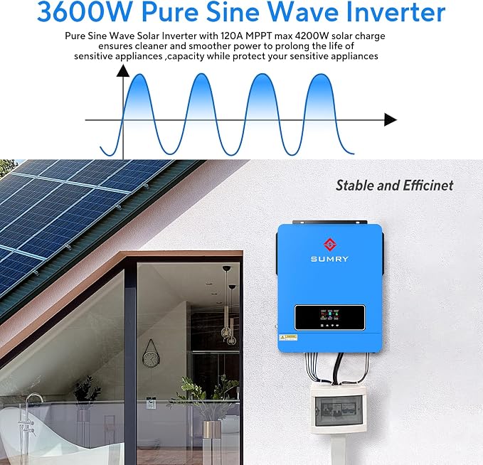 SUMRY Solar Inverter Charger, 3600W DC 24V to AC 110V Hybrid Voltage Converter with 120A MPPT Charge Controller, Pure Sine Wave Power for Battery-Less or AGM Lithium Battery Home Energy System - Image 3