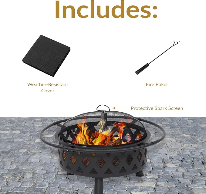 Sunnydaze Crossweave Outdoor Fire Pit - Wood-Burning Fire Pit for Outside with Spark Screen, Poker and Round Cover - 30-Inch - Black - Image 3