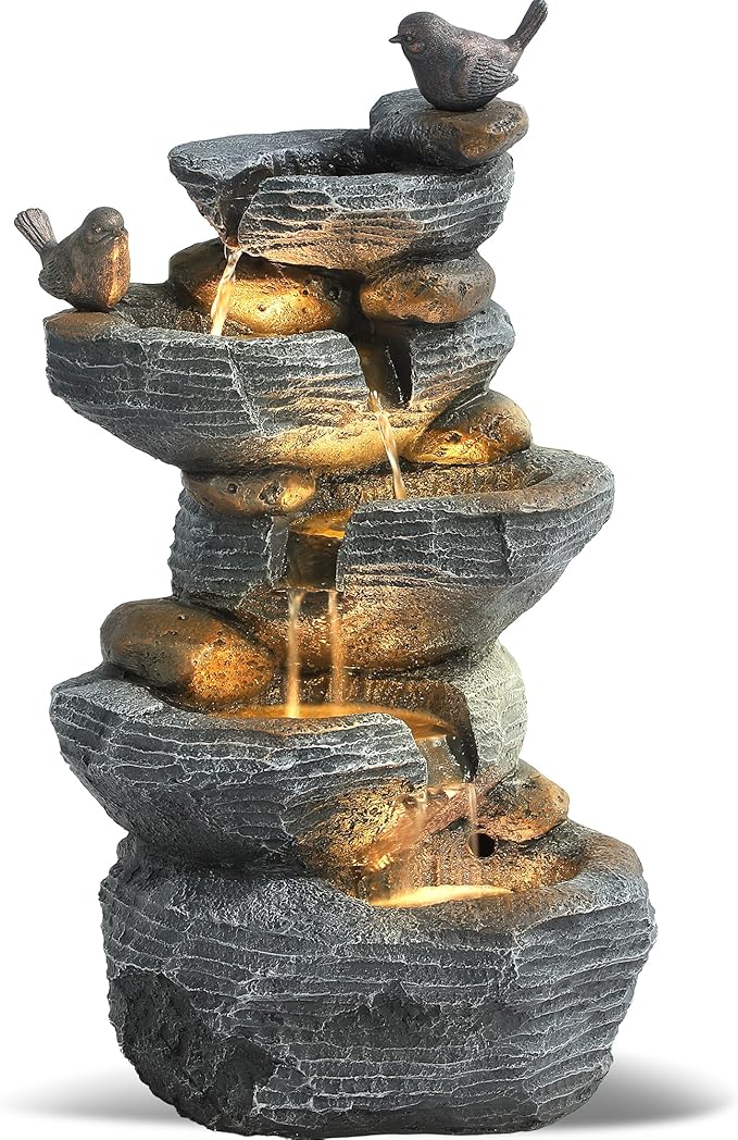 Grepatio Outdoor 5-Tiers Cascading Rock Water Fountain, Waterfall Fountain with 4 LED Lights, Outdoor Fountains and Waterfalls for Garden or Patio, Yard, and Deck Decor with Natural Stone Look