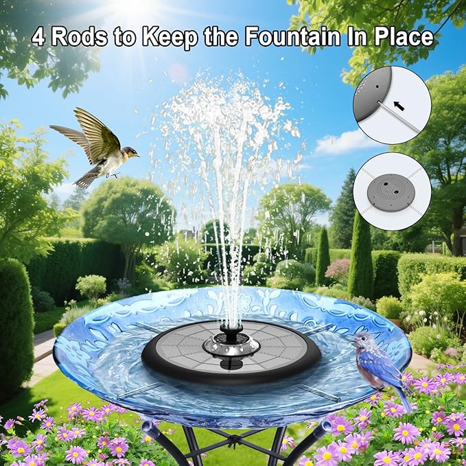Solar Fountain UFO Style, 2026 Upgrade 5W Glass Solar Panel Bird Bath Fountain with LED Lights, 4000mAh Backup Battery, 7 Nozzles for for Garden, Pond, Pool, Patio Outdoor Water Feature