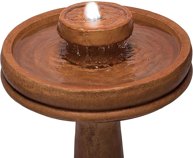 Alpine Corporation TZL202 Outdoor Floor Vintage Pedestal Water Fountain with Bird Bath and LED Lights, 29", Brown