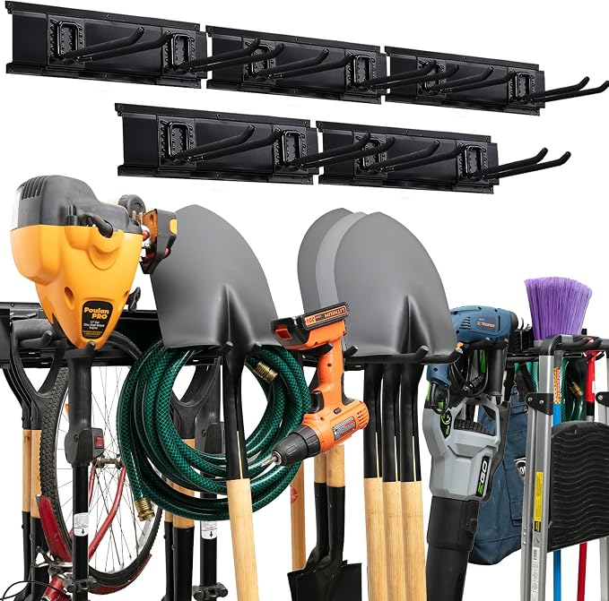 TIDYME Garage Tool Organizer Wall Mount - 80 inches - Sturdy Storage Rack with Adjustable Hooks, Anti-Rust - Easy Installation, 500lbs Capacity - Garden Tool Organizer (05 Racks & 10 Hooks) by Tidyme