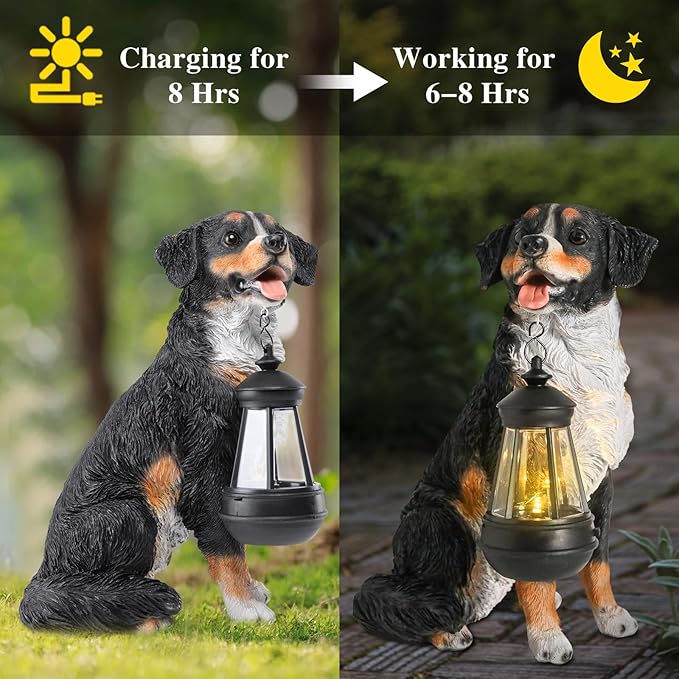 Afirst Dog Garden Statue - Outdoor Decor with Solar Lantern Valentine's Day Gift Lovely Bernese Mountain Dog Figurine Patio Lawn Yard Art Ornaments Housewarming Gift