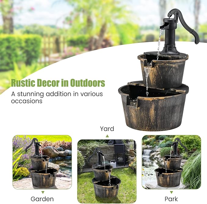 S AFSTAR Water Fountain Outdoor Waterfall Barrel, 2-Tier 27-Inch Barrel and Pump Waterfall Fountain W/Realistic Faux Wood Barrels & Pump Head, Garden Barrel Fountain for Patio Backyard Decor