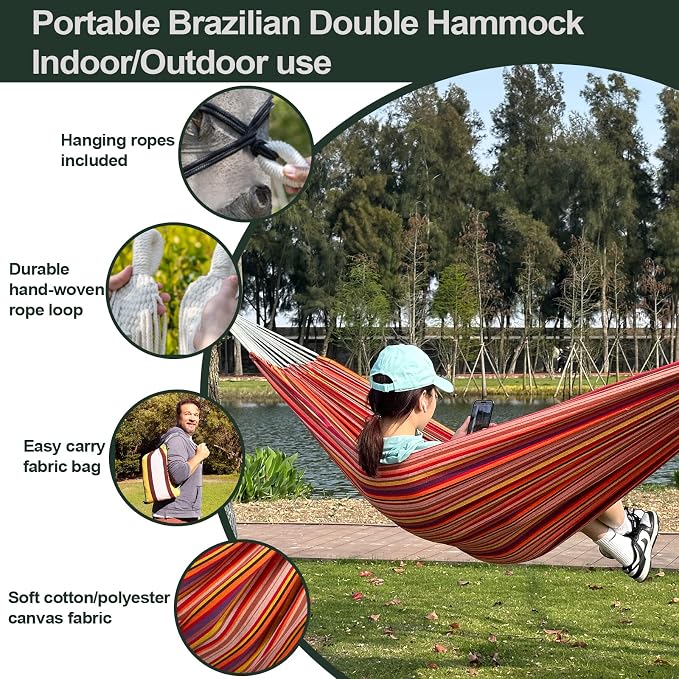 JoyView Brazilian Double Hammock with Hanging Ropes Extra Large 86.6x59” Portable Cotton Hammock for Patio Backyard Porch 450LBS Weight Capacity Perfect for Outdoor/Indoor - Color Stripes - Image 3