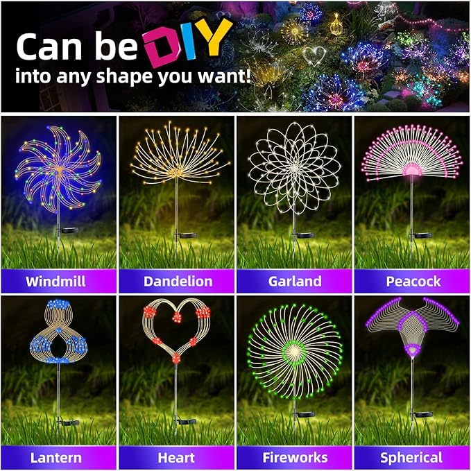 2 PCS Solar Firework Light, Outdoor Solar Garden Decorative Lights 120 LED Powered 40 Copper Wires String DIY Landscape Light for Walkway Pathway Backyard Christmas Decoration Parties (Cool White)