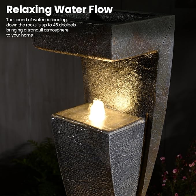 47.2" H Garden Fountains Outdoor Modern Water Fountain Indoor Floor Standing Large Waterfall with LED Lights and Pump for Patio Decor, Yard Decorations