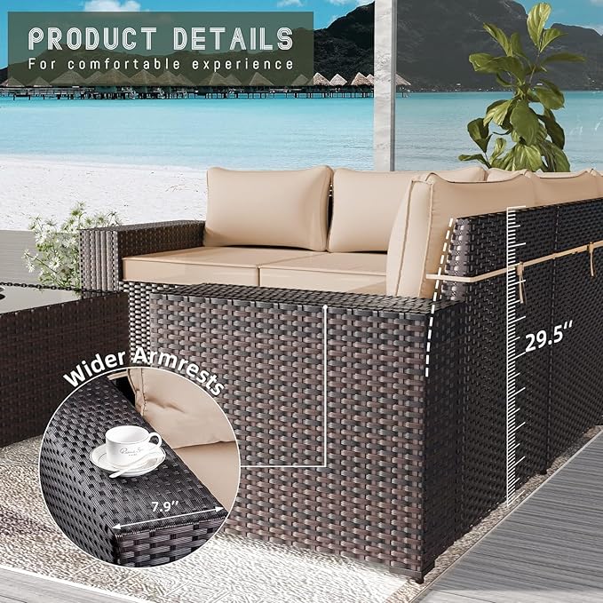 12 PCS Outdoor Patio Furniture Set,Outdoor Sectional Furniture All Weather PE Rattan Wicker Patio Conversation Set with 2 Coffee Tables and 10 Thickened Cushions,Sand
